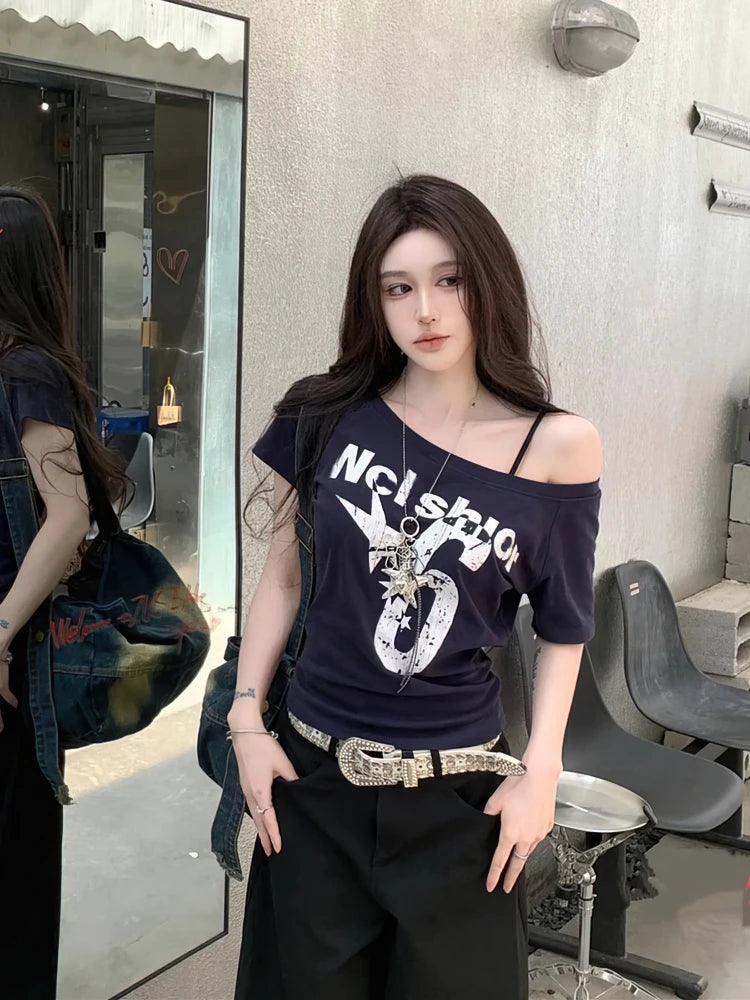 SportMuse Off-Shoulder Tee – Y2K Vintage Crop Top  Sporty edge. Vintage vibe. Effortless confidence.
