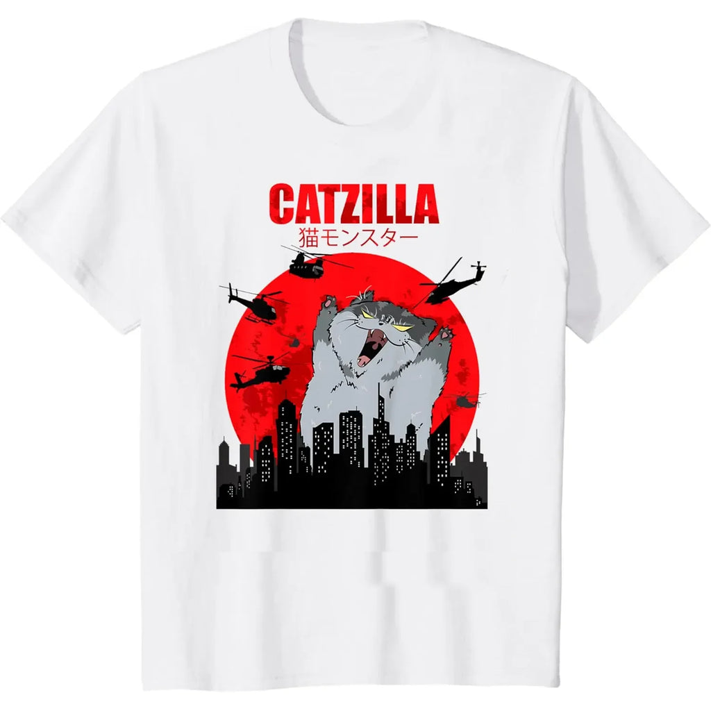Funny Cute Art Japanese Cat Graphic for Cat Lover Catzilla T-Shirt Graphic T Shirts Women's Clothing Fashion
