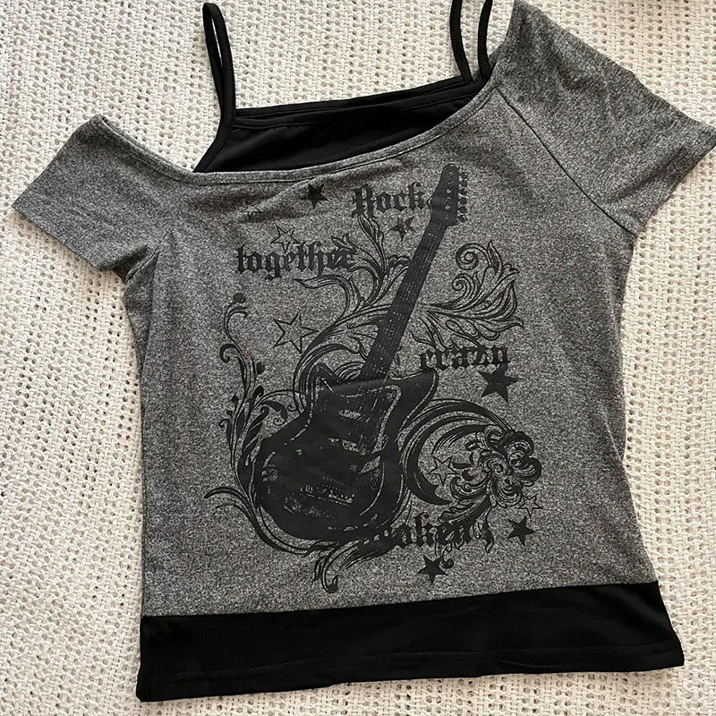 RetroMuse Off-Shoulder Top – Y2K Vintage Lace-Up Tee  Edgy layers. Vintage vibes. Effortless style.