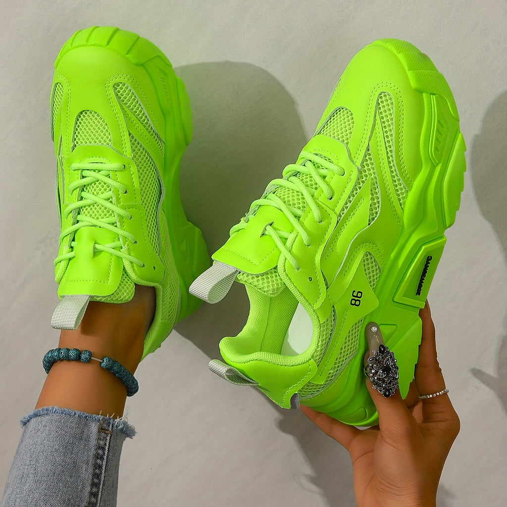 Women's Solid Color Mesh Sneakers, Lace Up Breathable Platform Sporty Trainers, Versatile Low-top Casual Shoes in holiday