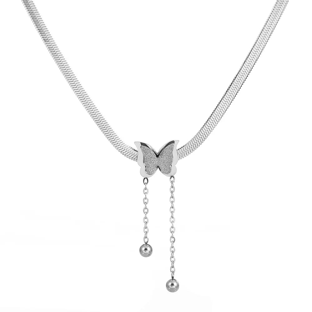 Frost Butterfly Necklace – Stainless Steel Snake Chain  Soft matte shine. Delicate charm. Effortless beauty.