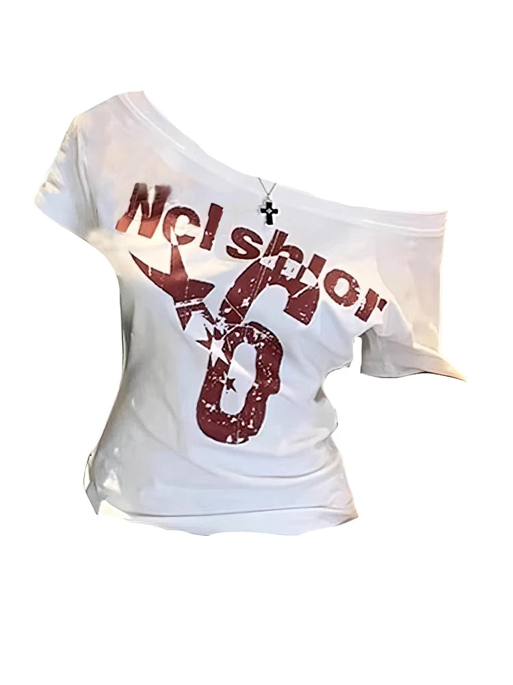 SportMuse Off-Shoulder Tee – Y2K Vintage Crop Top  Sporty edge. Vintage vibe. Effortless confidence.