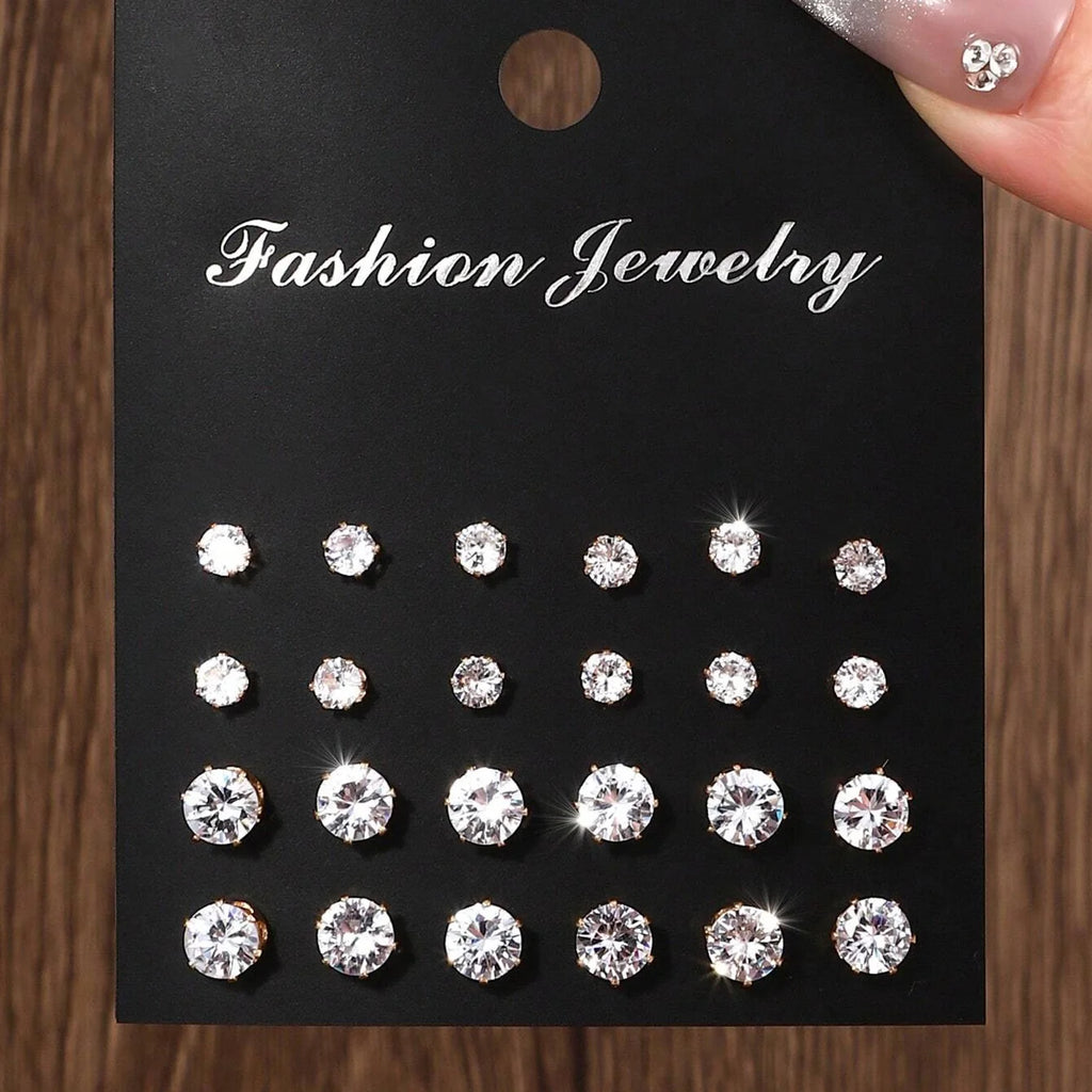 LuxeSpark Earring Set – 12 Pairs Zirconia Collection  Shine daily. Mix your style. Luxury made simple.