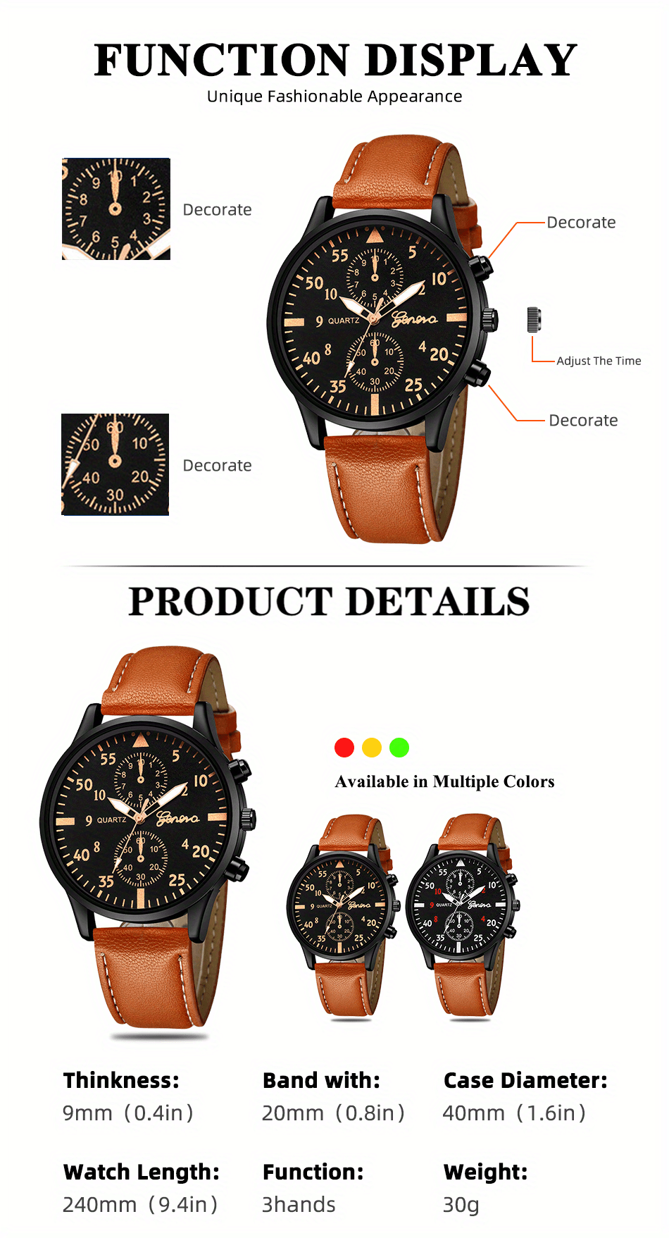 4pcs/set, Fashion Men's Casual Brown Quartz Watch & 3pcs Bracelets, Ideal choice for Gifts