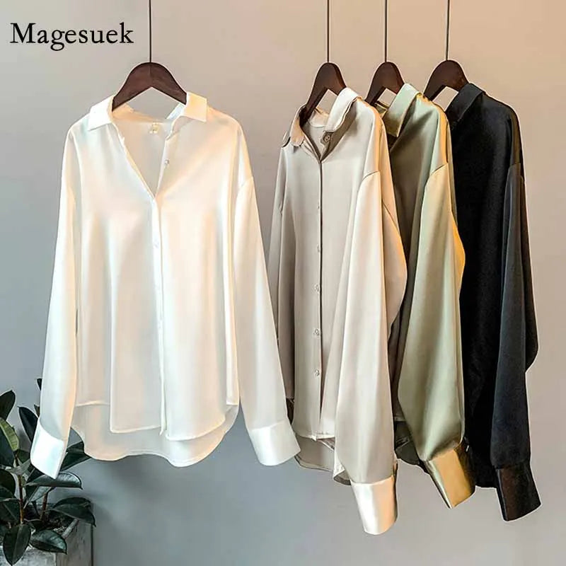 SilkMuse Shirt – Satin Button-Up Vintage Blouse  Smooth texture. Timeless style. Effortless elegance.