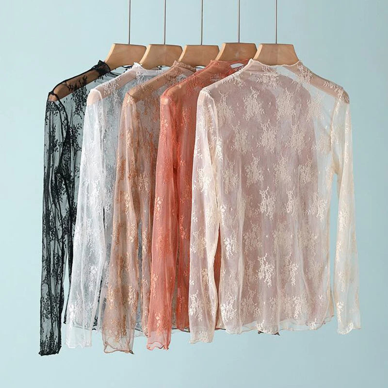 LaceMesh Crop Top – Sheer Long Sleeve Elegance  Delicate lace. Bold layers. Effortless style.
