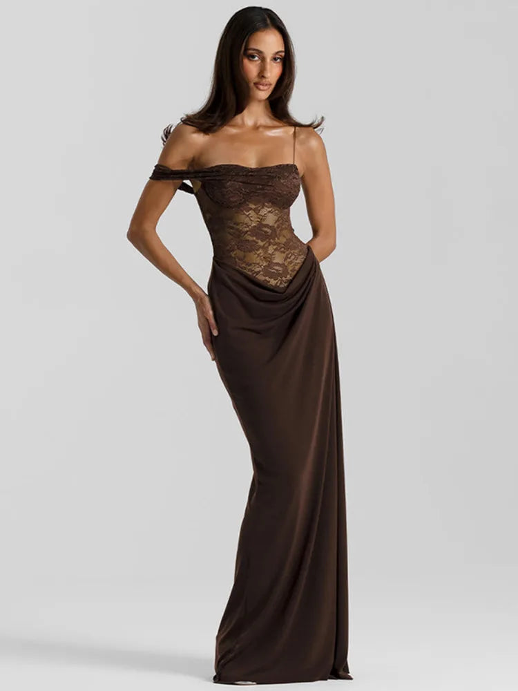 LaceÉtoile One-Shoulder Maxi Dress – Sheer Elegance  Bold sophistication with a touch of allure.