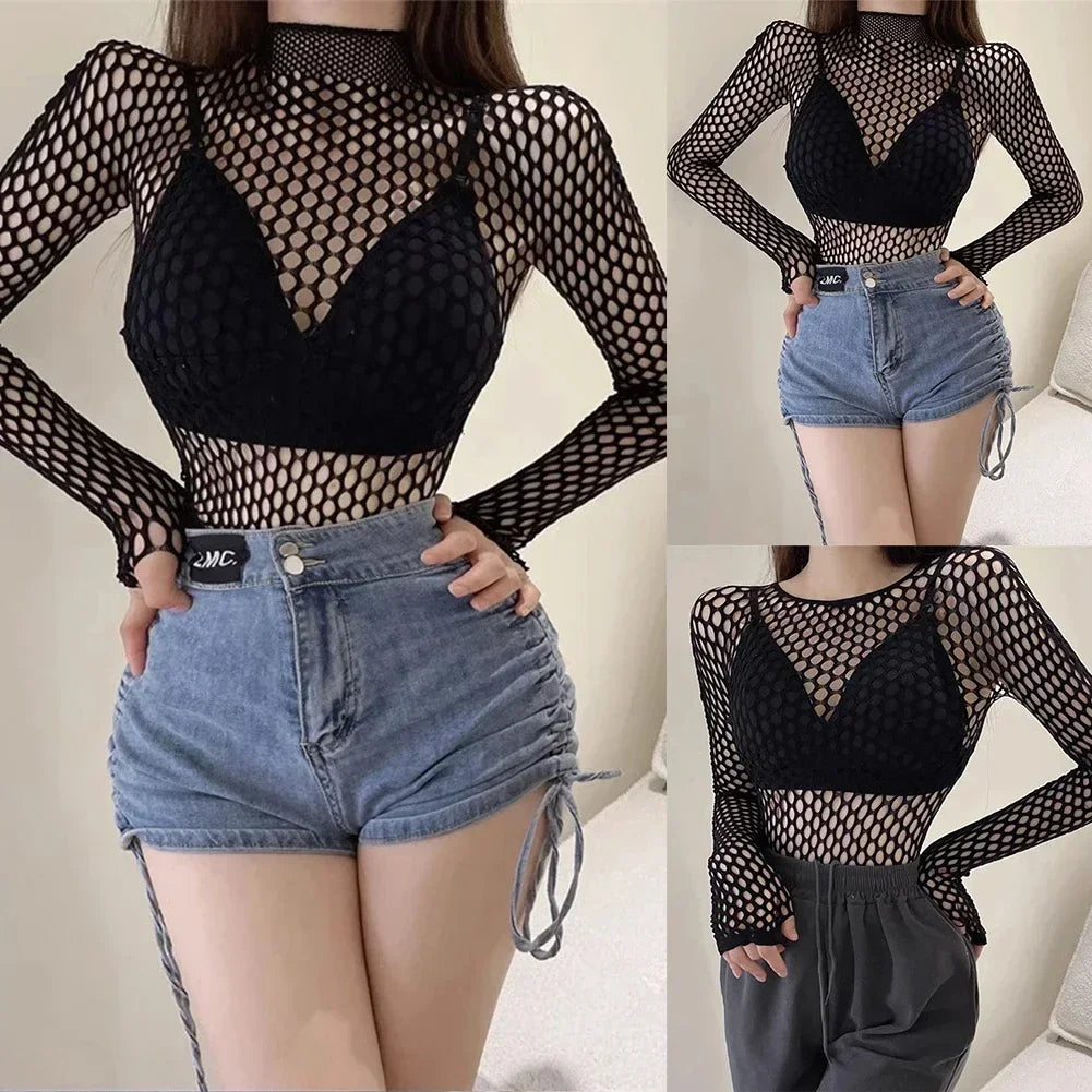 MeshEdge Crop Top – Sheer Fishnet Long Sleeve Tee  Bold layers. Street attitude. Effortless edge.
