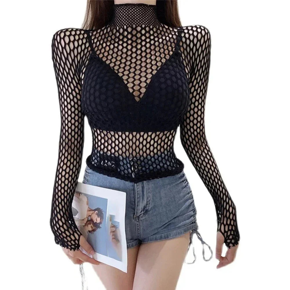 MeshEdge Crop Top – Sheer Fishnet Long Sleeve Tee  Bold layers. Street attitude. Effortless edge.