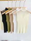 Mesh Knitted Top Women Y2K Tank Top Half Neck Vest Female Sleeveless Sweater Chic Cut Out Streetwear Solid Skinny White Tube Top