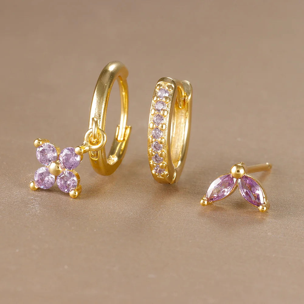 Flora Shine Earrings – 3PCS Stainless Steel Flower Set  Floral charm. Crystal sparkle. Everyday elegance.
