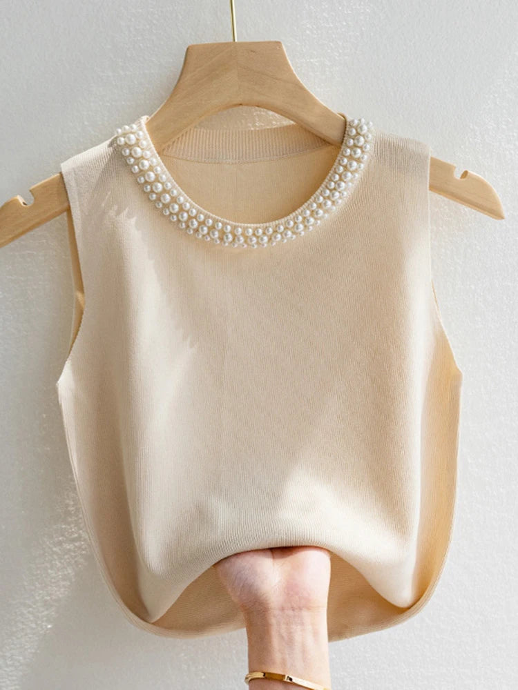 KnitLuxe Beaded Vest – Korean Sleeveless Summer Top  Minimal elegance. Soft texture. Effortless style.