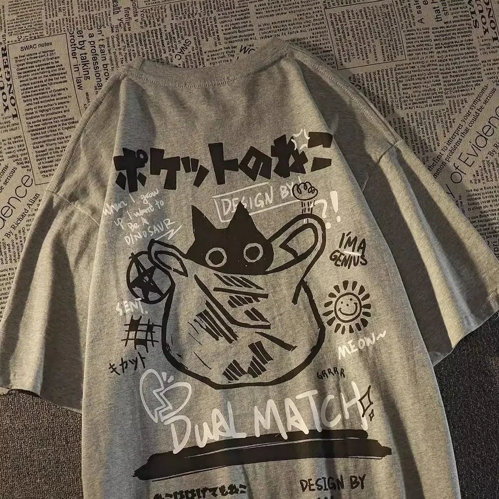 Neko Vibe Oversized Tee – Japanese Retro Cat Print  Cute style. Cozy fit. Everyday vibes.
