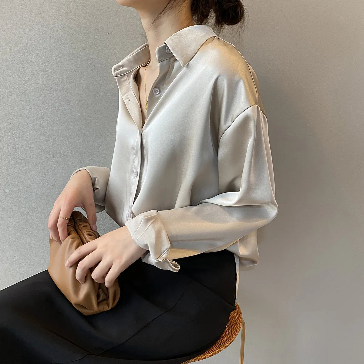 SilkMuse Shirt – Satin Button-Up Vintage Blouse  Smooth texture. Timeless style. Effortless elegance.