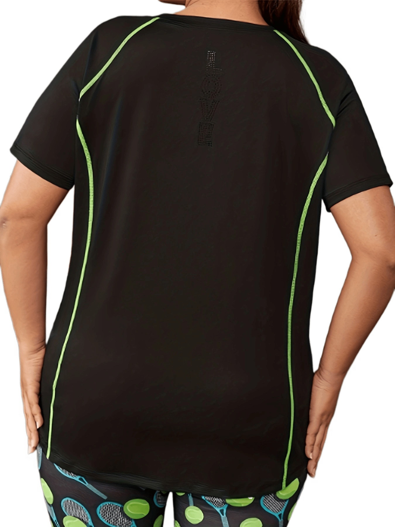 Plus Size Sports Top, Women's Plus Stitching Short Sleeve Round Neck High Stretch Fitness Tee