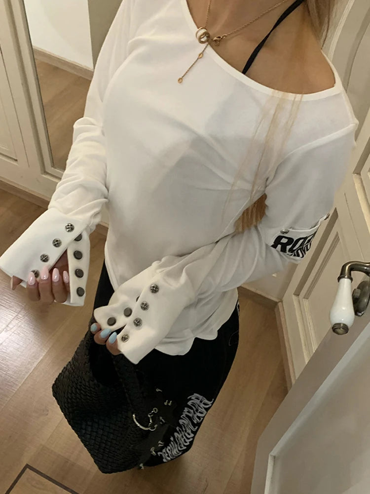RetroGrunge Button Tee – Y2K Graphic Long Sleeve Top  Vintage attitude. Bold expression. Street-ready style.