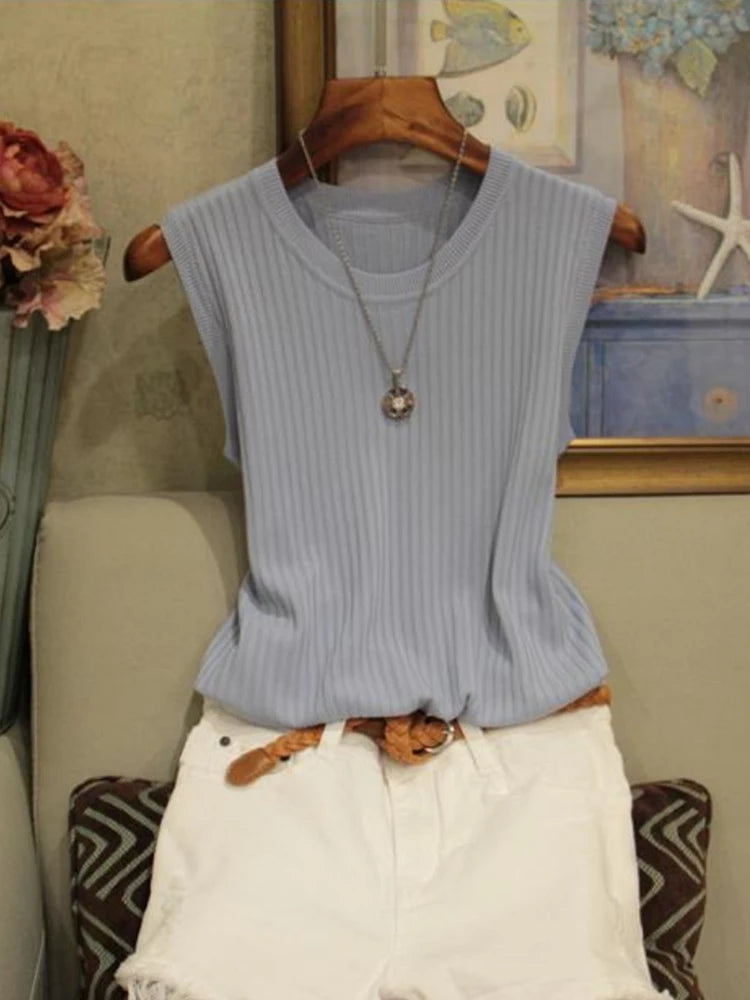 AOSSVIAO Korea Knitted Vests Women Top Summer Sleeveless Blouse Women O-neck Knitted Blouse Shirt Women Clothes Women Tops