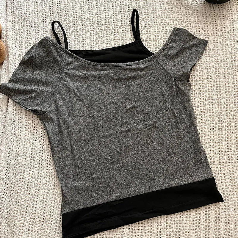 RetroMuse Off-Shoulder Top – Y2K Vintage Lace-Up Tee  Edgy layers. Vintage vibes. Effortless style.