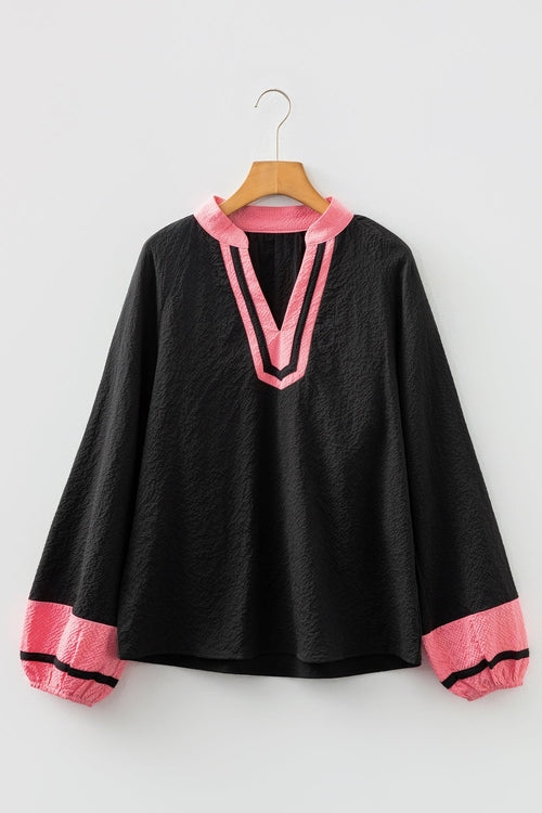 Colorblock Patchwork V-Neck Textured Blouse