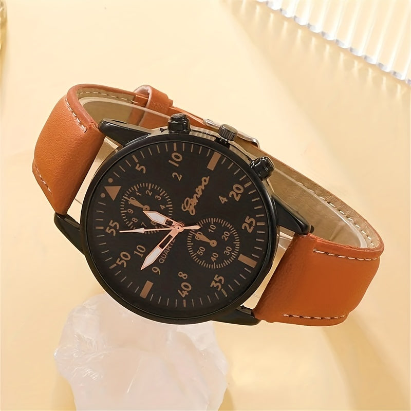 4pcs/set, Fashion Men's Casual Brown Quartz Watch & 3pcs Bracelets, Ideal choice for Gifts