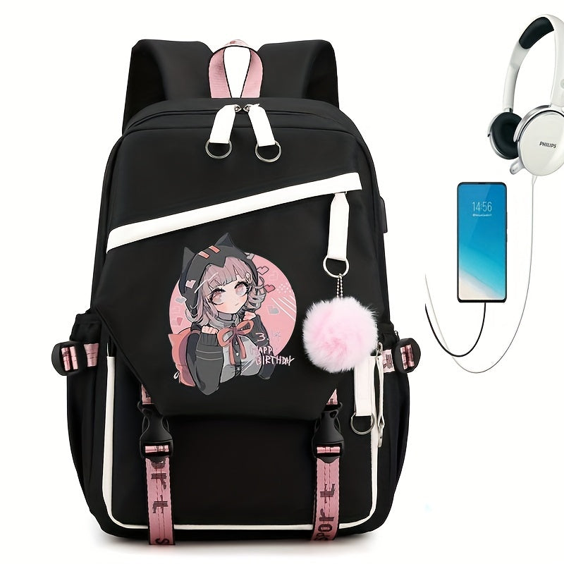 1pc Cute Cartoon Girl Backpack, Large-capacity Travel Bag, Simple Balck Backpack Fashion Contrast Color Rucksack, College School Bag For Teens Girl Women