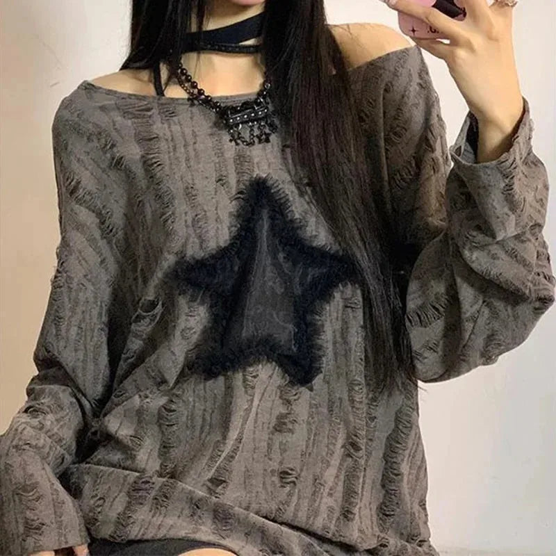 StarEdge Oversized Tee – Y2K Hole Print Streetwear  Bold details. K-pop vibes. Effortless attitude.