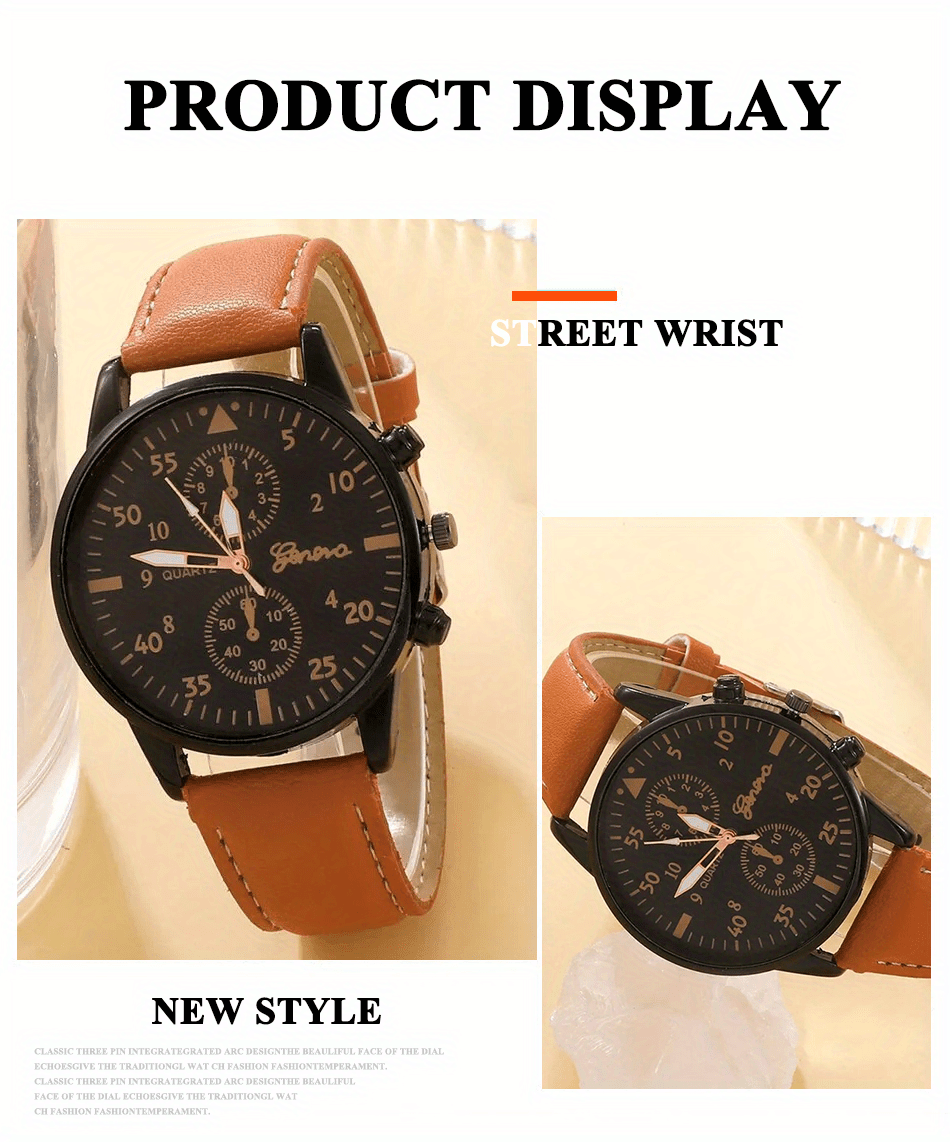 4pcs/set, Fashion Men's Casual Brown Quartz Watch & 3pcs Bracelets, Ideal choice for Gifts