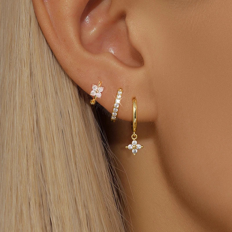 Flora Shine Earrings – 3PCS Stainless Steel Flower Set  Floral charm. Crystal sparkle. Everyday elegance.