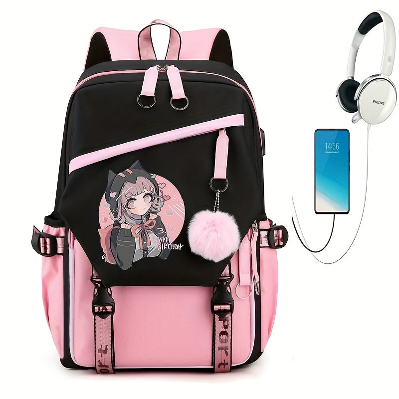 1pc Cute Cartoon Girl Backpack, Large-capacity Travel Bag, Simple Balck Backpack Fashion Contrast Color Rucksack, College School Bag For Teens Girl Women