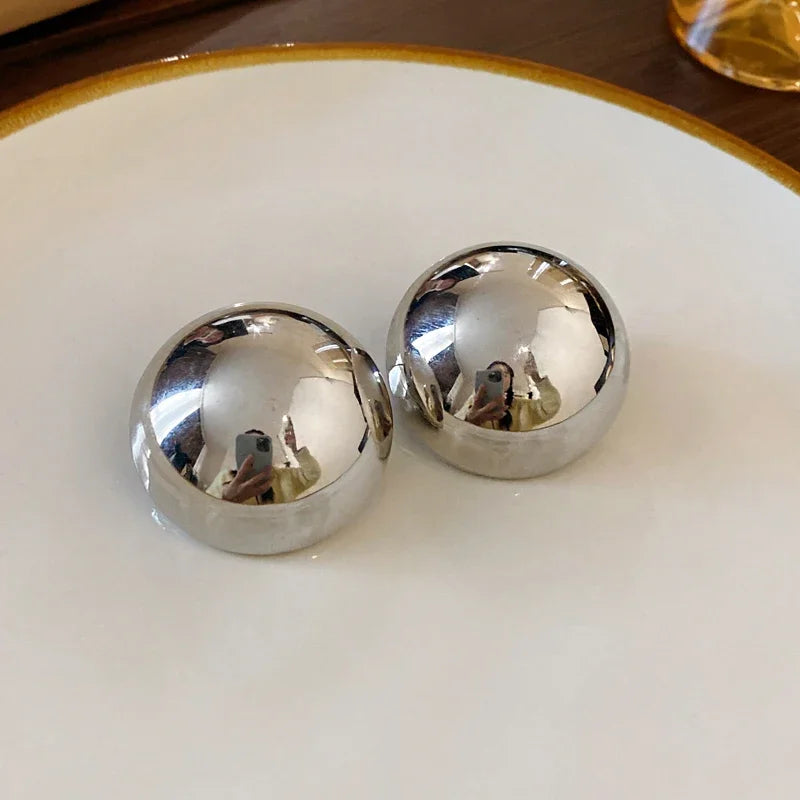 Smooth Round Earrings For Women Big Ball Metal Stud Earrings Classic Gold Color Geometric Earrings Vintage Jewelry  Accessories
