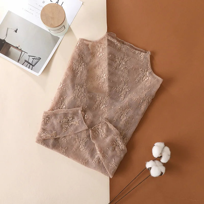 Women's Mesh T-Shirts Long Sleeve Transparent Lace Blouse Sheer See through Top Bottoming Shirt Crop Body Tee