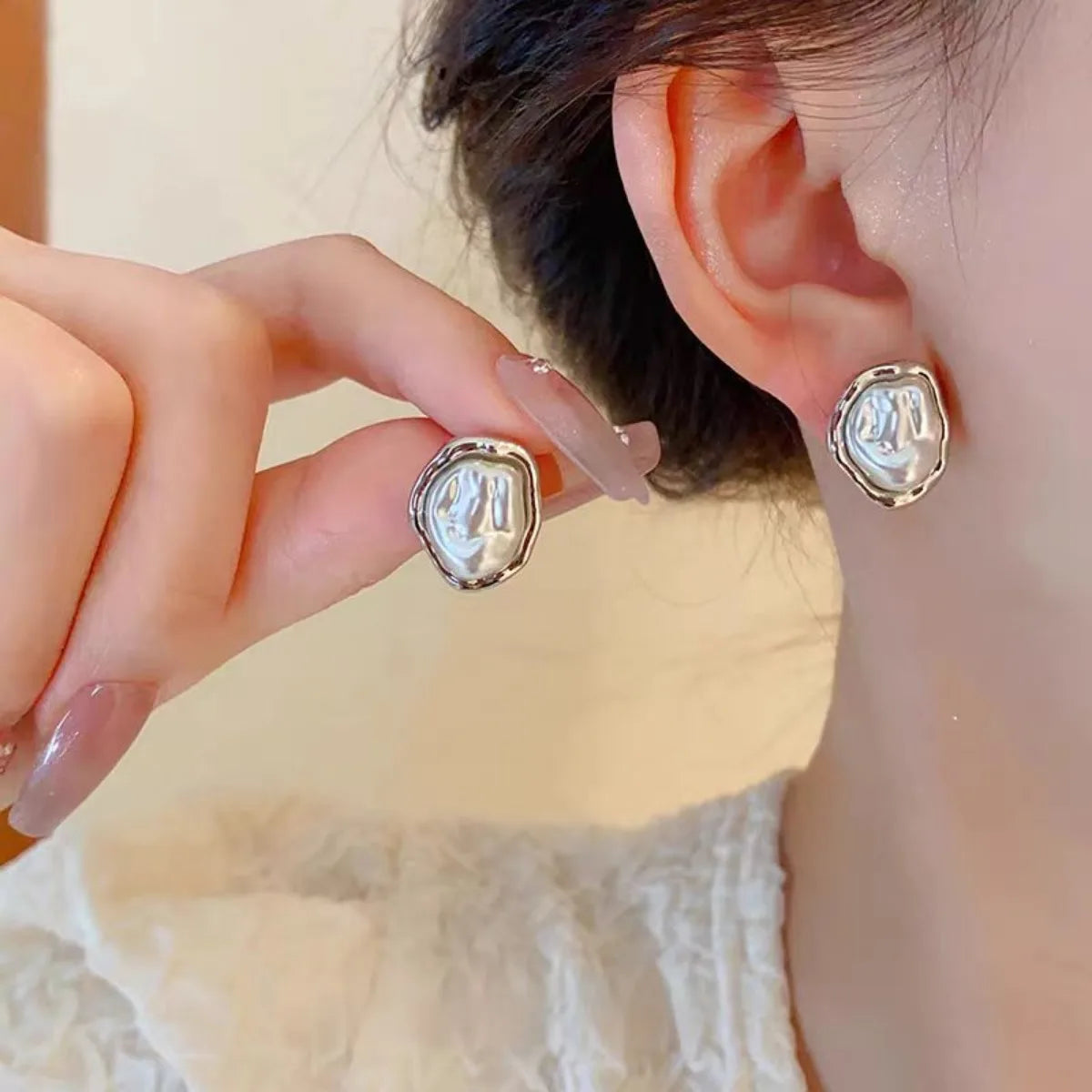 PearlEdge Studs – Irregular Metal Pearl Earrings  Classic pearls. Modern shape. Effortless elegance.