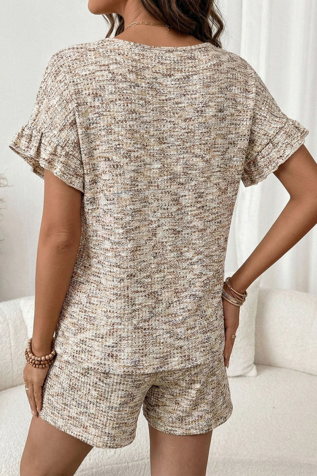 Heather Textured Ruffle Sleeve Top & Drawstring Shorts Set