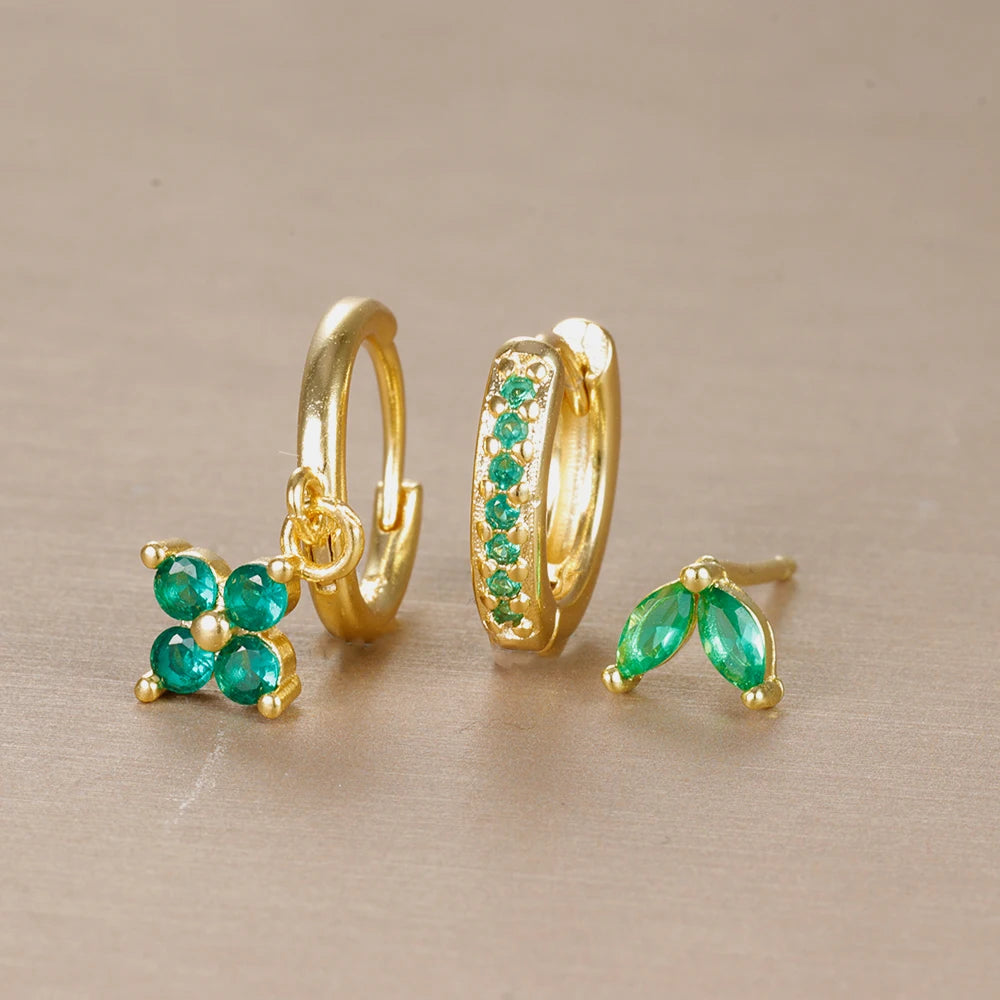 EmeraldGlow Hoops – 3PCS Green Zirconia Set  Fresh color. Subtle shine. Effortless elegance.