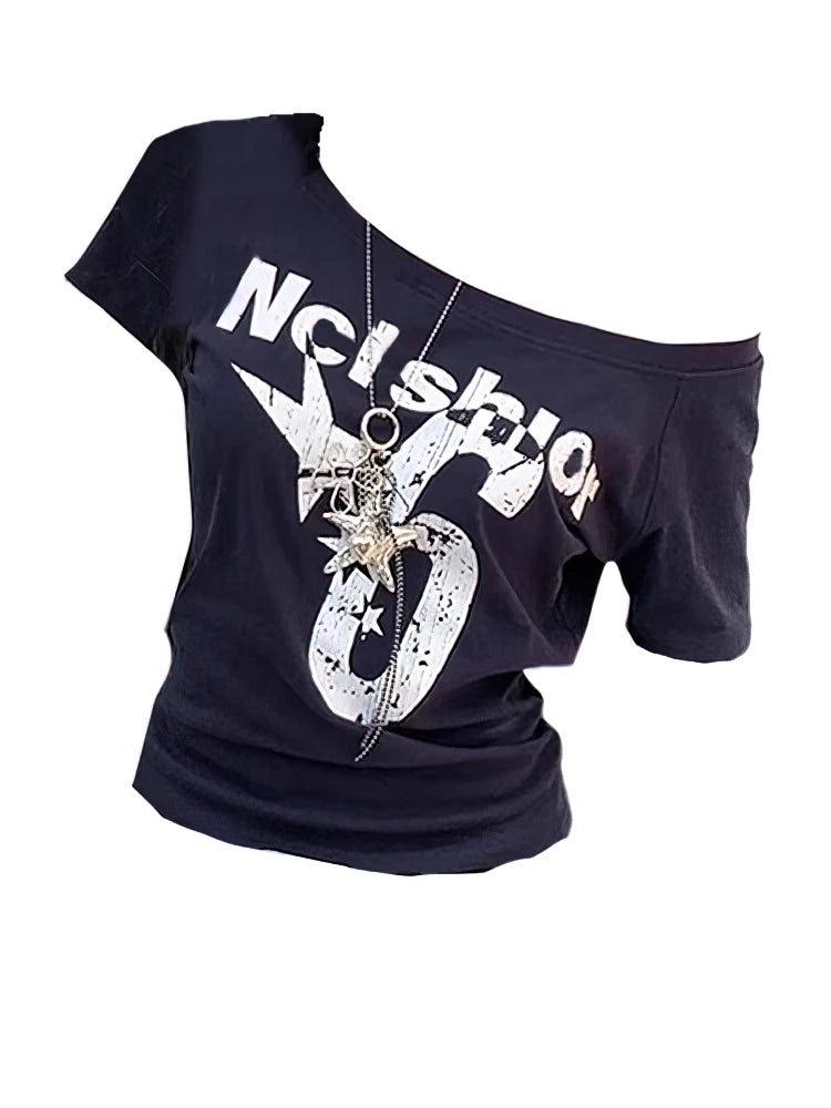 SportMuse Off-Shoulder Tee – Y2K Vintage Crop Top  Sporty edge. Vintage vibe. Effortless confidence.