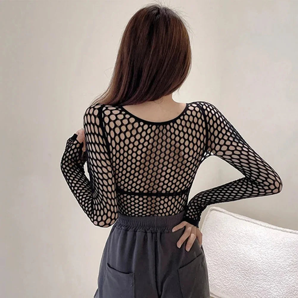 MeshEdge Crop Top – Sheer Fishnet Long Sleeve Tee  Bold layers. Street attitude. Effortless edge.