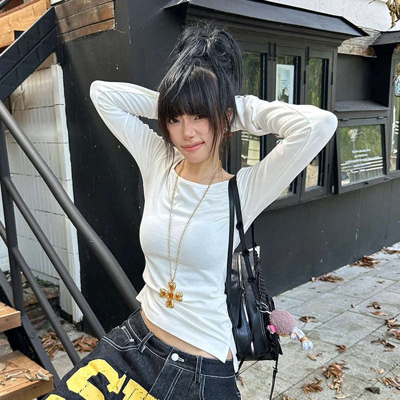 RetroGrunge Button Tee – Y2K Graphic Long Sleeve Top  Vintage attitude. Bold expression. Street-ready style.
