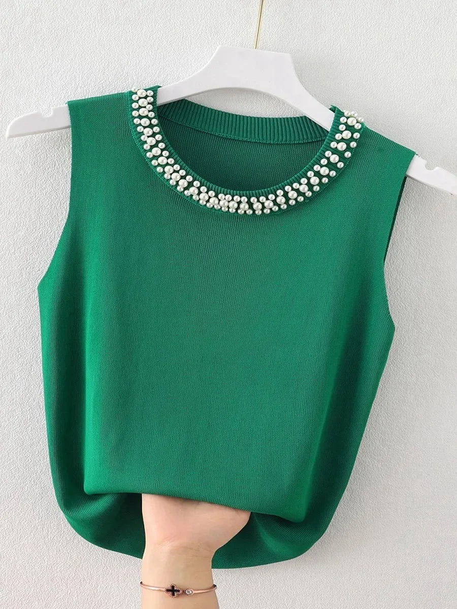 KnitLuxe Beaded Vest – Korean Sleeveless Summer Top  Minimal elegance. Soft texture. Effortless style.
