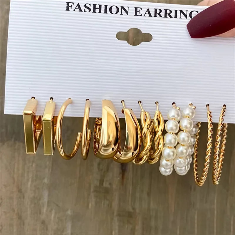 Fashion Geometric Hoop Earrings Set for Women Vintage Bohemian Pearl Gold Color Round Earring Punk Daily Wear Jewelry Gifts 2025
