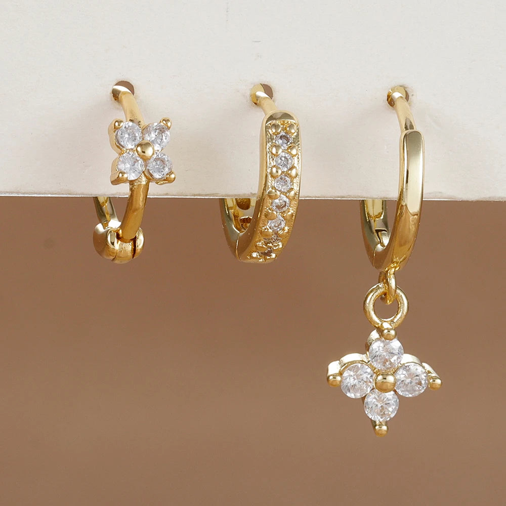 Flora Shine Earrings – 3PCS Stainless Steel Flower Set  Floral charm. Crystal sparkle. Everyday elegance.