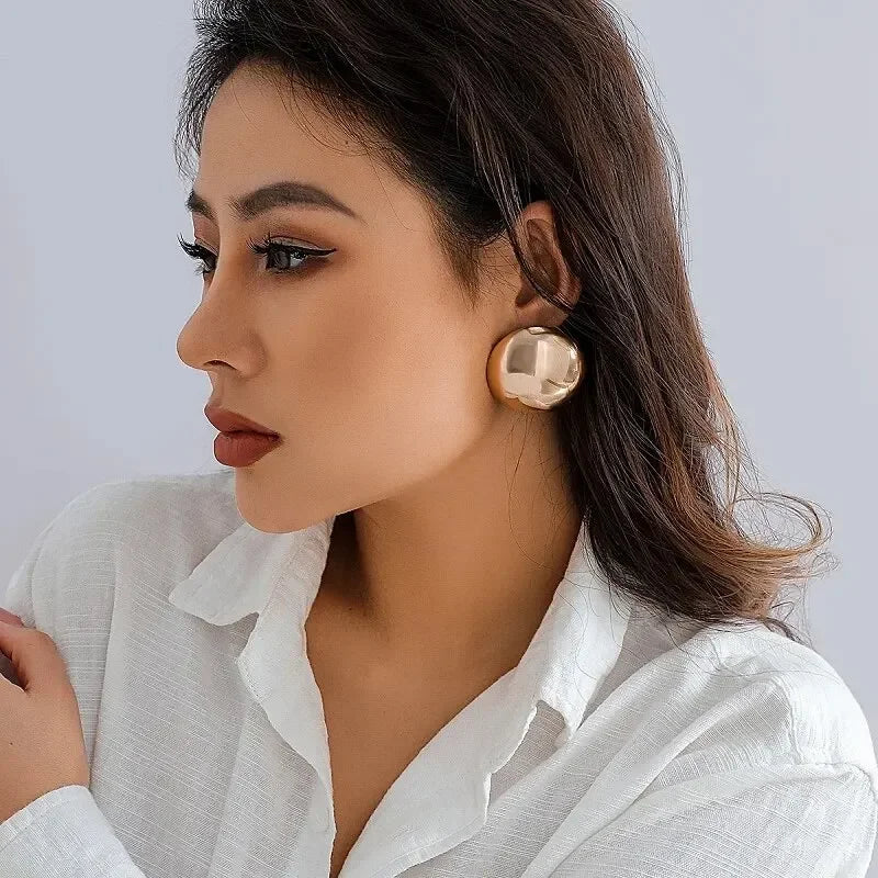 Smooth Round Earrings For Women Big Ball Metal Stud Earrings Classic Gold Color Geometric Earrings Vintage Jewelry  Accessories