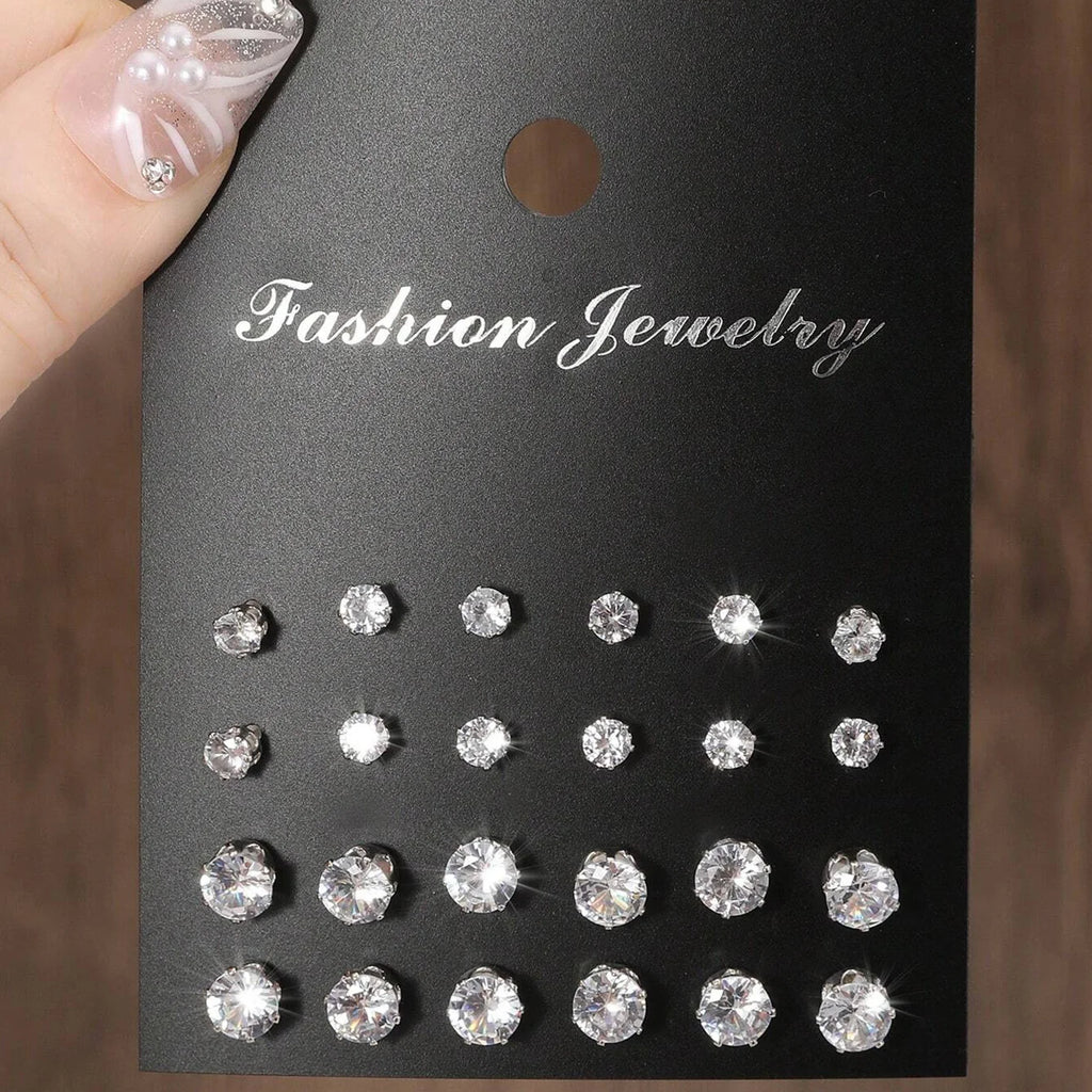 LuxeSpark Earring Set – 12 Pairs Zirconia Collection  Shine daily. Mix your style. Luxury made simple.