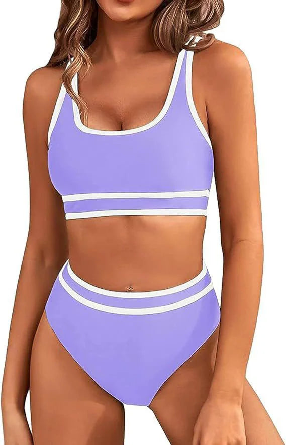 Women's Sporty High Waisted Bikini Sets Color Block Cheeky High Cut Bathing Suits S-XL Halter Striped Two Piece Swimsuits
