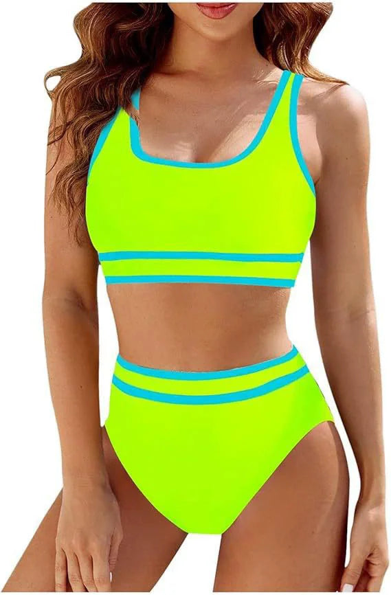 Women's Sporty High Waisted Bikini Sets Color Block Cheeky High Cut Bathing Suits S-XL Halter Striped Two Piece Swimsuits