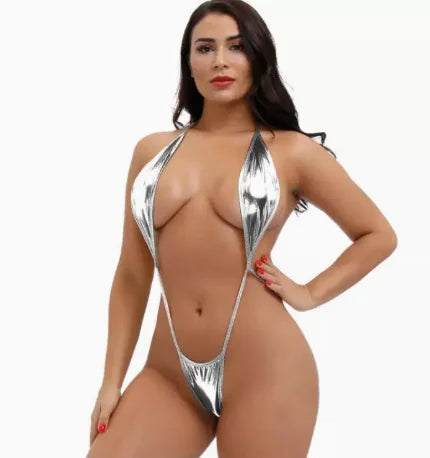 Free Size Shiny Sling Shot Bodysuit G-string Thongs Halter Bikini Jumpsuit Faux Leather Sexy Lingerie Comfy Fashion Hot New
