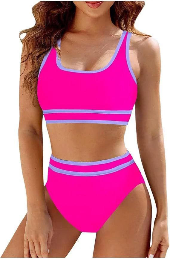 Women's Sporty High Waisted Bikini Sets Color Block Cheeky High Cut Bathing Suits S-XL Halter Striped Two Piece Swimsuits