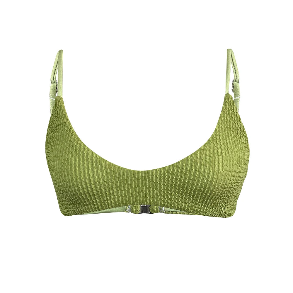 2024 Popular 2 Piece Crinkle Rib Bikini Backless Swimsuit Brazil Solid Color Seersucker Jacquard Women Swimwear