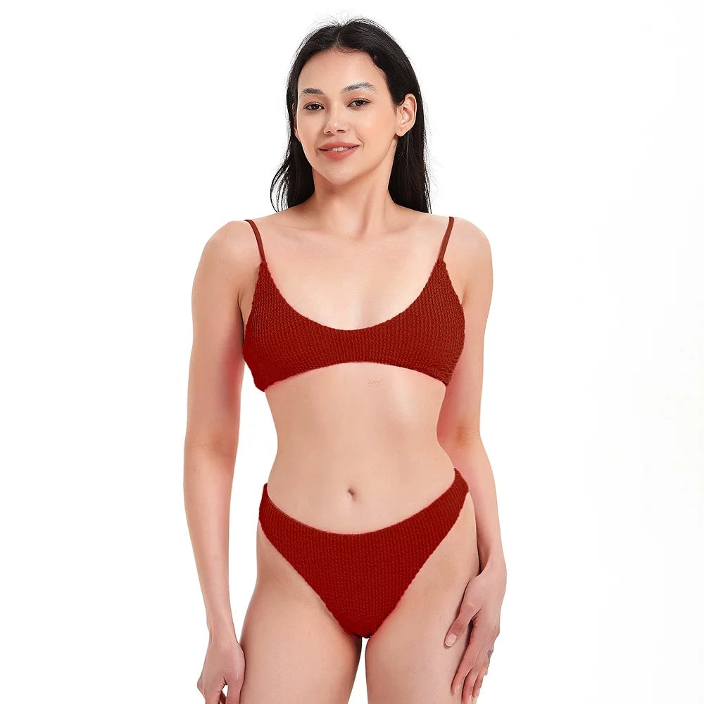 2024 Popular 2 Piece Crinkle Rib Bikini Backless Swimsuit Brazil Solid Color Seersucker Jacquard Women Swimwear