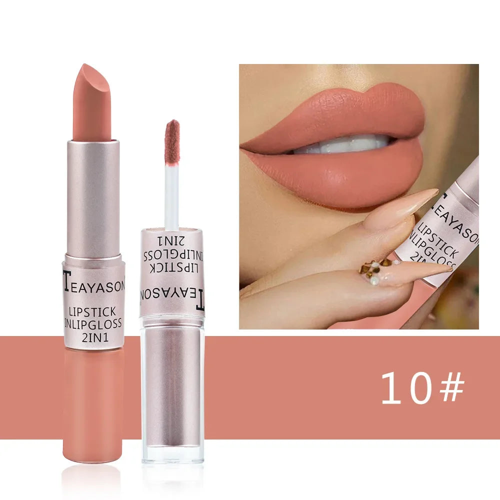 2 In 1 Double Head Lip Gloss Matte Velvet Sexy Red Tint Liquid Lipstick Waterproof Lasting Cosmetic Lip Gloss Makeup Cosmetics