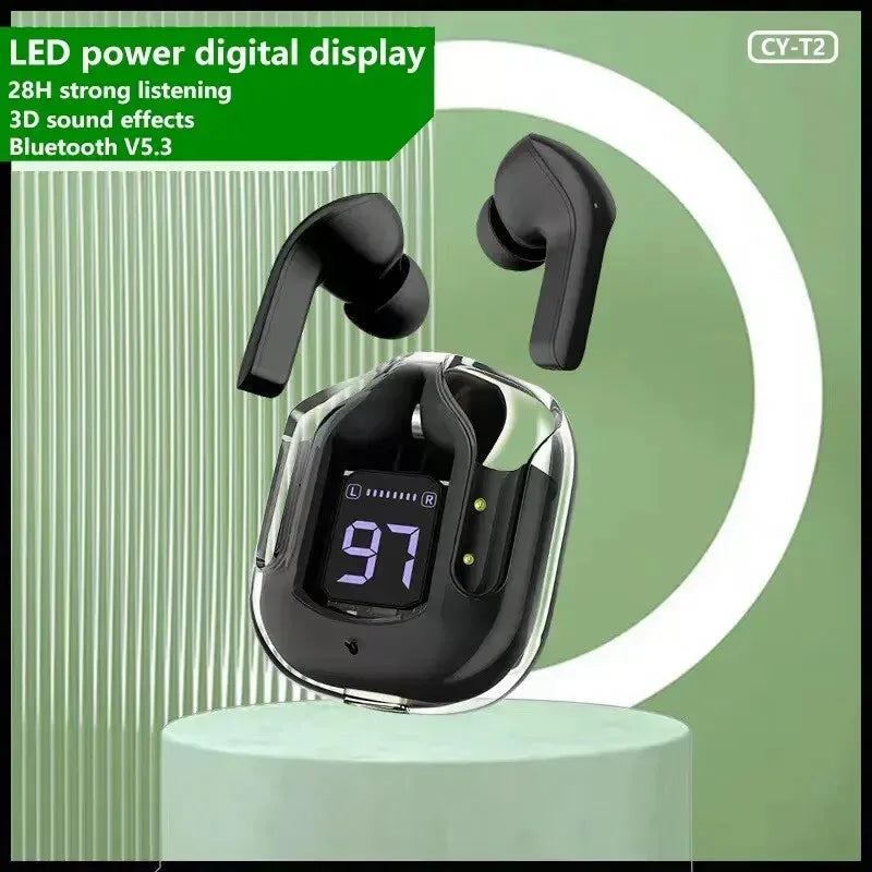 سماعات أذن لاسلكية T2 شفافة – شاشة LED وصوت ستريو HiFi. تصميم مستقبلي يلتقي بصوت قوي.